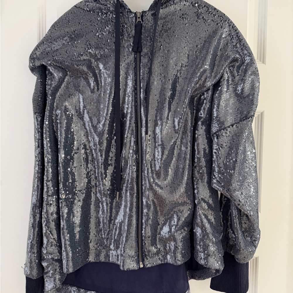 Anthropologie sequin sweatshirt hooded blue sipper front relaxed in XL - Picture 5 of 7